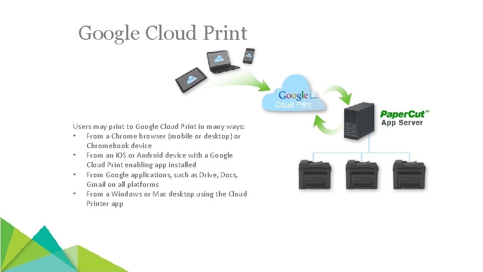 Google Cloud Print Users may print to Google Cloud Print in many ways: •