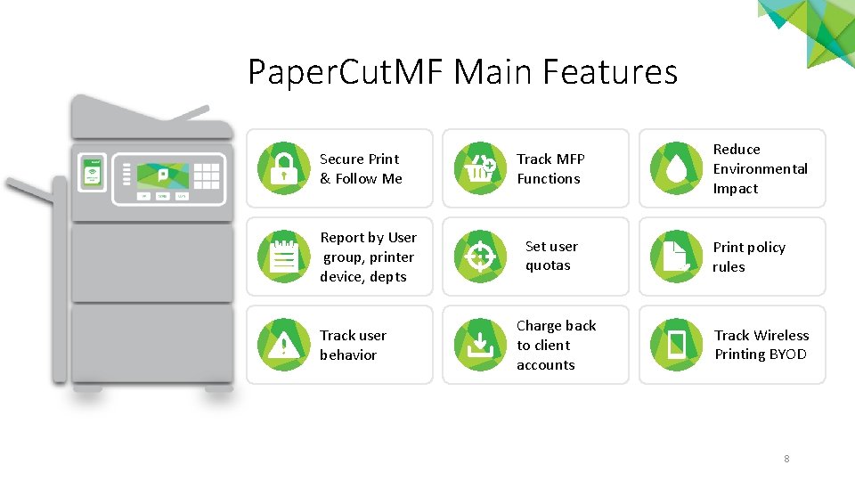 Paper. Cut. MF Main Features Secure Print & Follow Me Report by User group,