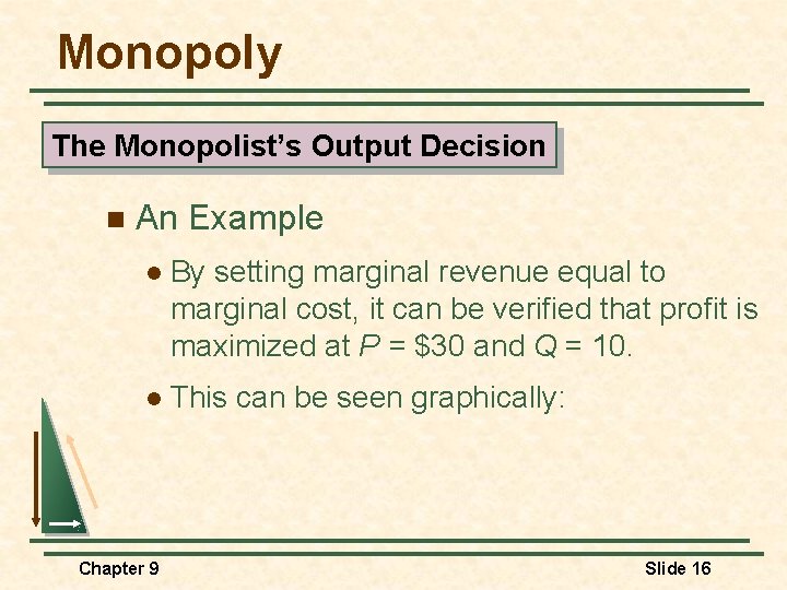 Monopoly The Monopolist’s Output Decision n An Example l By setting marginal revenue equal