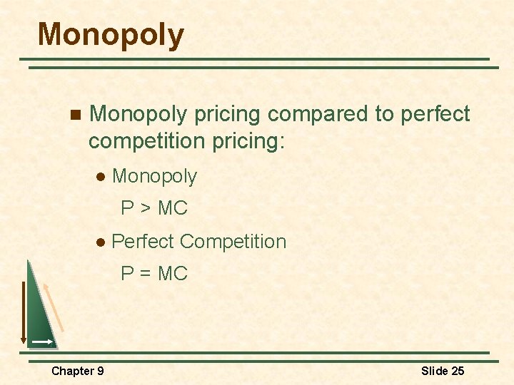 Monopoly n Monopoly pricing compared to perfect competition pricing: l Monopoly P > MC