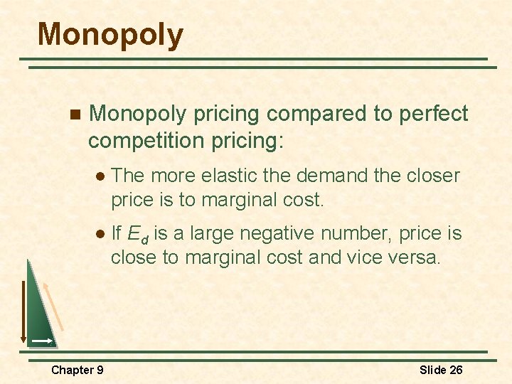 Monopoly n Monopoly pricing compared to perfect competition pricing: l The more elastic the