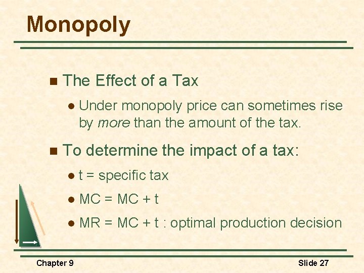 Monopoly n The Effect of a Tax l n Under monopoly price can sometimes