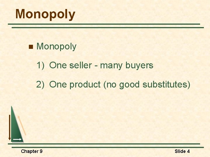 Monopoly n Monopoly 1) One seller - many buyers 2) One product (no good