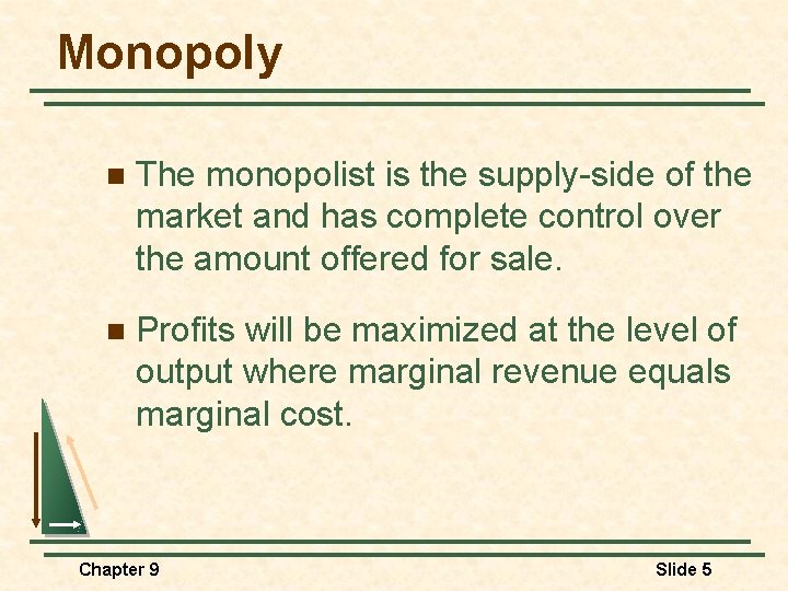 Monopoly n The monopolist is the supply-side of the market and has complete control