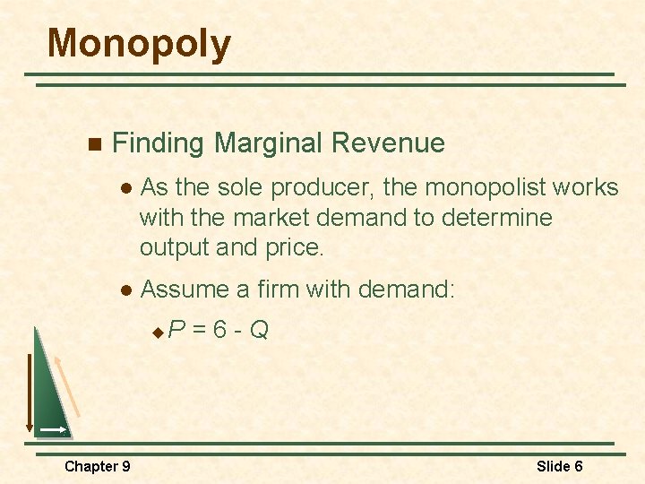 Monopoly n Finding Marginal Revenue l As the sole producer, the monopolist works with