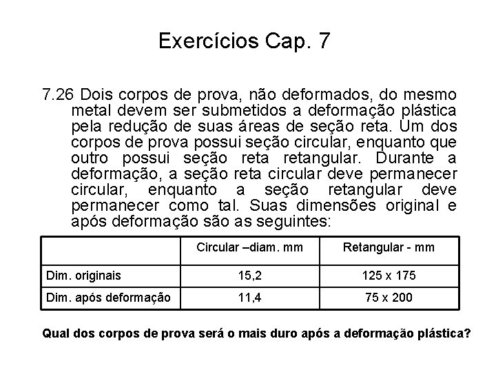 Exercícios Cap. 7 7. 26 Dois corpos de prova, não deformados, do mesmo metal