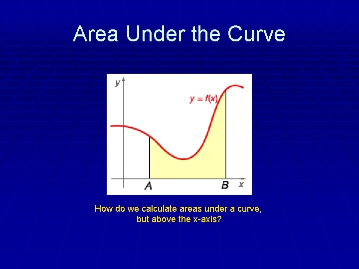 Area Under the Curve How do we calculate areas under a curve, but above