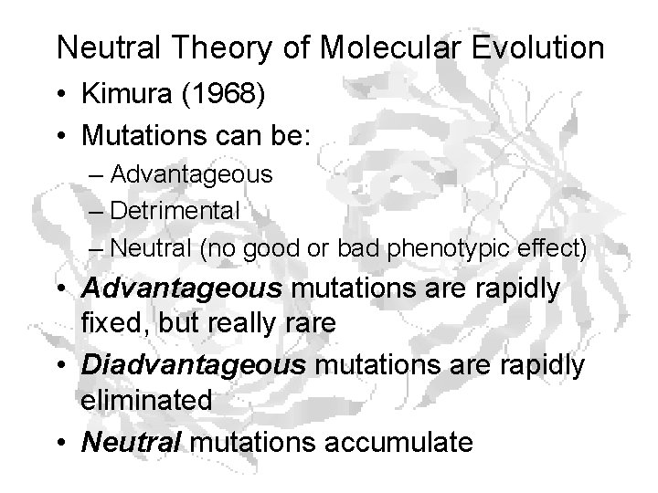 Neutral Theory of Molecular Evolution • Kimura (1968) • Mutations can be: – Advantageous