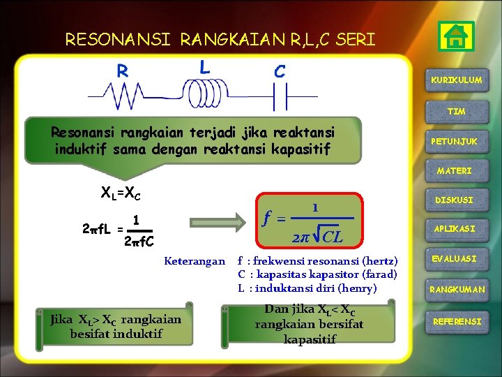 RESONANSI RANGKAIAN R, L, C SERI KURIKULUM TIM Resonansi rangkaian terjadi jika reaktansi induktif