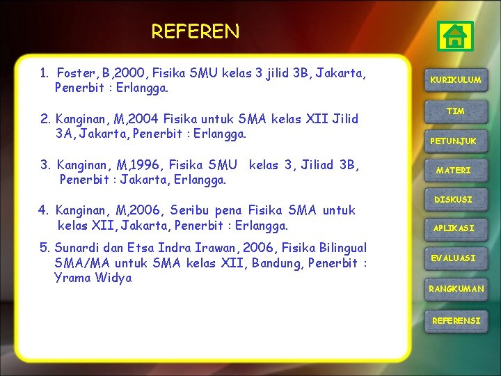 REFEREN 1. Foster, B, 2000, Fisika SMU kelas 3 jilid 3 B, Jakarta, Penerbit