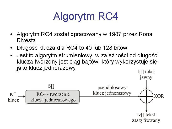 Algorytm RC 4 • Algorytm RC 4 został opracowany w 1987 przez Rona Rivesta