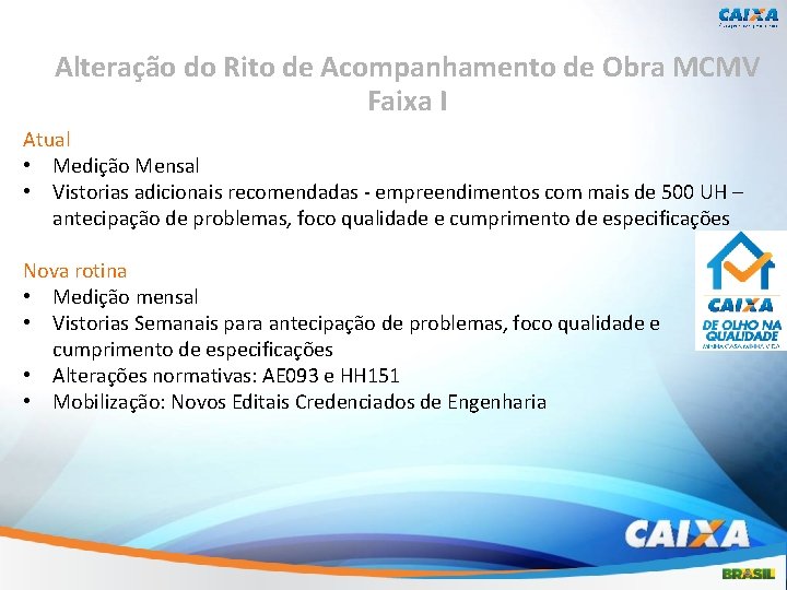 Alteração do Rito de Acompanhamento de Obra MCMV Faixa I Atual • Medição Mensal