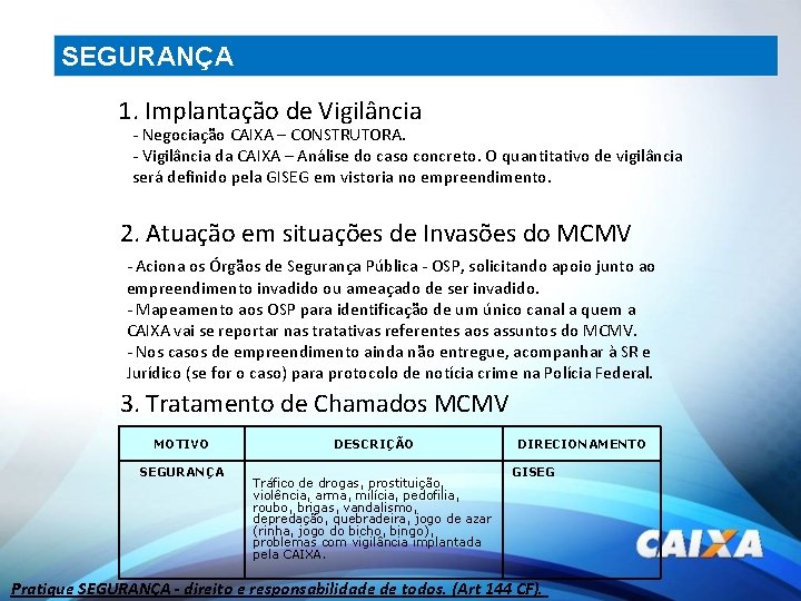SEGURANÇA 1. Implantação de Vigilância - Negociação CAIXA – CONSTRUTORA. - Vigilância da CAIXA