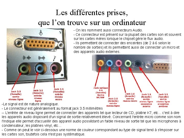 Les différentes prises, que l’on trouve sur un ordinateur - On les nomment aussi