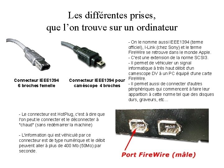 Les différentes prises, que l’on trouve sur un ordinateur Connecteur IEEE 1394 6 broches