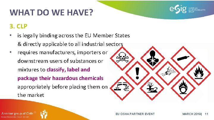 WHAT DO WE HAVE? 3. CLP • is legally binding across the EU Member