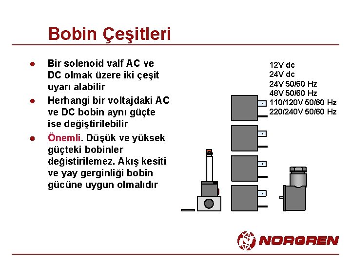 Bobin Çeşitleri l l l Bir solenoid valf AC ve DC olmak üzere iki