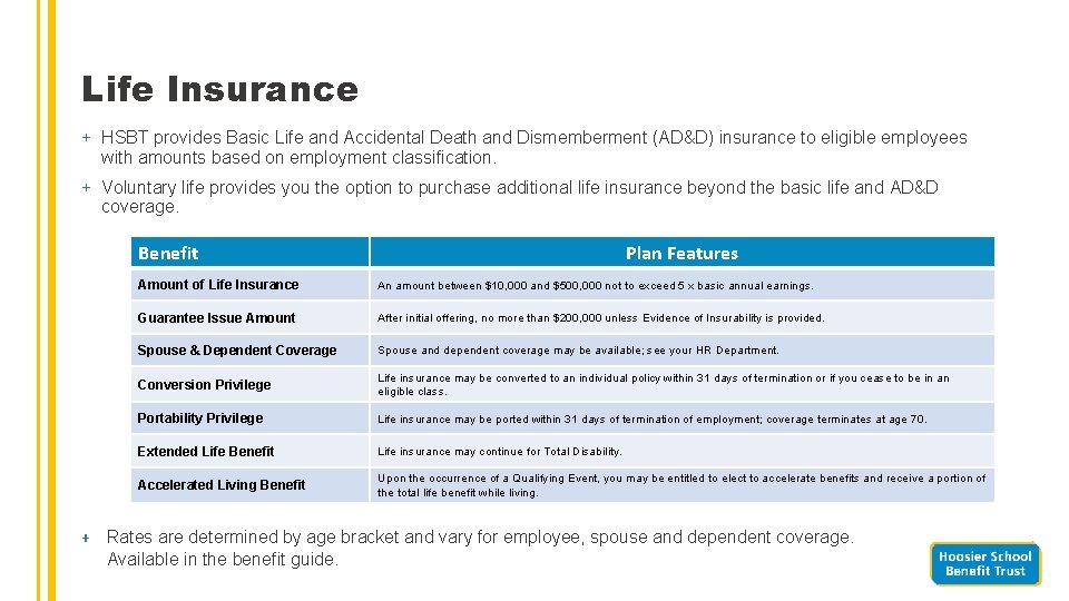 Life Insurance + HSBT provides Basic Life and Accidental Death and Dismemberment (AD&D) insurance