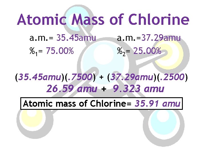 Atomic Mass of Chlorine a. m. = 35. 45 amu %1= 75. 00% a.