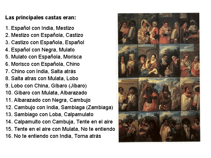 Las principales castas eran: 1. Español con India, Mestizo 2. Mestizo con Española, Castizo