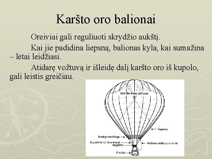 Karšto oro balionai Oreiviai gali reguliuoti skrydžio aukštį. Kai jie padidina liepsną, balionas kyla,