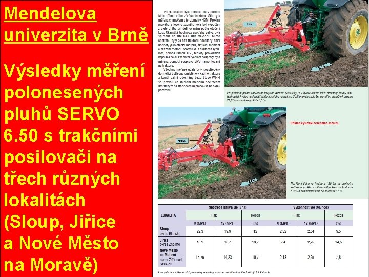 Mendelova univerzita v Brně Výsledky měření polonesených pluhů SERVO 6. 50 s trakčními posilovači