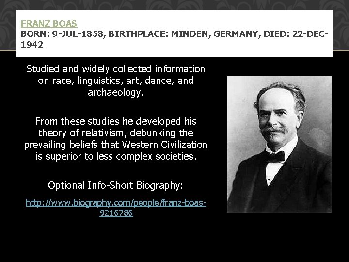 FRANZ BOAS BORN: 9 -JUL-1858, BIRTHPLACE: MINDEN, GERMANY, DIED: 22 -DEC 1942 Studied and