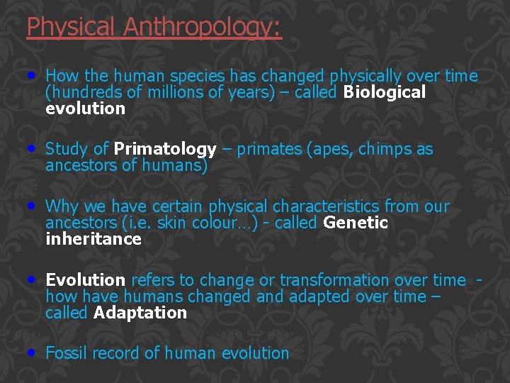 Physical Anthropology: • How the human species has changed physically over time (hundreds of