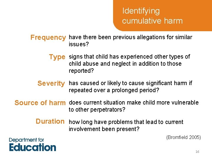 Identifying cumulative harm Frequency have there been previous allegations for similar issues? Type signs