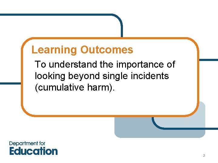 Learning Outcomes To understand the importance of looking beyond single incidents (cumulative harm). 2