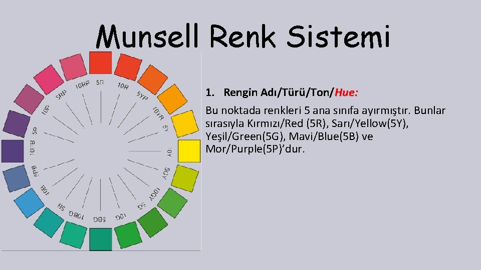 Munsell Renk Sistemi 1. Rengin Adı/Türü/Ton/Hue: Bu noktada renkleri 5 ana sınıfa ayırmıştır. Bunlar