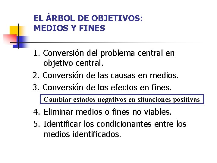 EL ÁRBOL DE OBJETIVOS: MEDIOS Y FINES 1. Conversión del problema central en objetivo