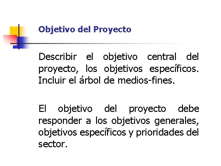 Objetivo del Proyecto Describir el objetivo central del proyecto, los objetivos específicos. Incluir el