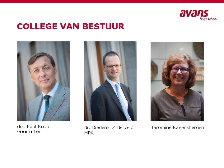 COLLEGE VAN BESTUUR drs. Paul Rüpp voorzitter dr. Diederik Zijderveld MPA Jacomine Ravensbergen 