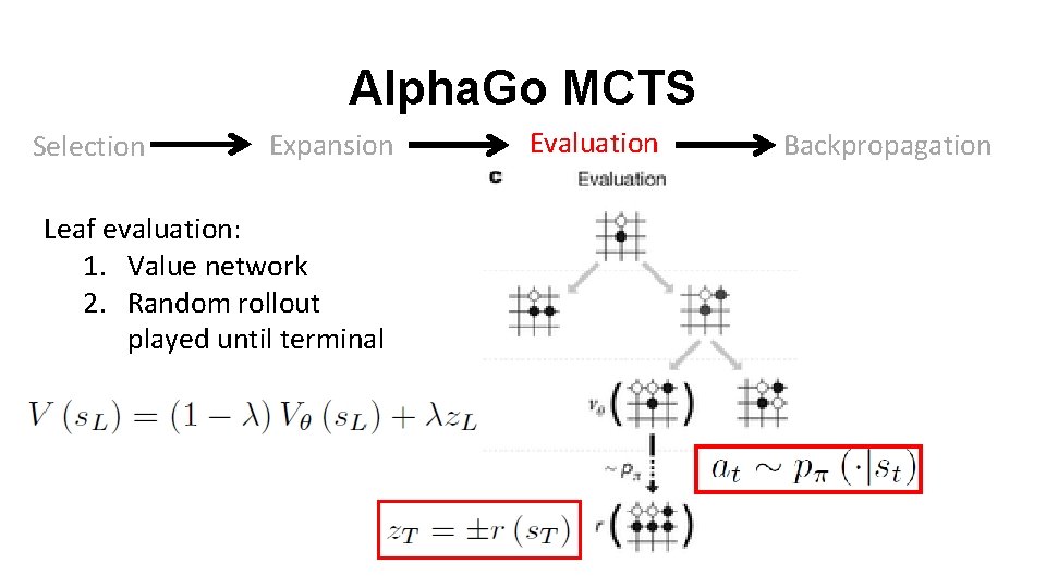 Alpha. Go MCTS Selection Expansion Leaf evaluation: 1. Value network 2. Random rollout played