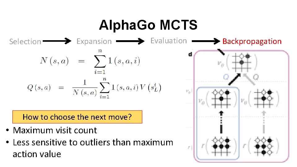 Alpha. Go MCTS Selection Expansion Evaluation How to choose the next move? • Maximum