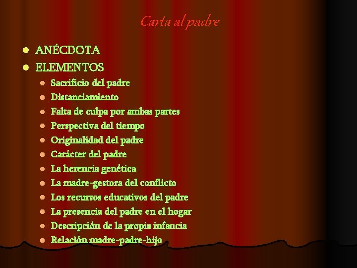 Carta al padre ANÉCDOTA l ELEMENTOS l l l l Sacrificio del padre Distanciamiento