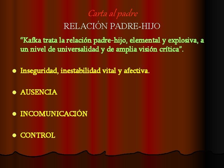 Carta al padre RELACIÓN PADRE-HIJO “Kafka trata la relación padre-hijo, elemental y explosiva, a