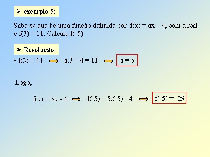 Ø exemplo 5: Sabe-se que f é uma função definida por f(x) = ax