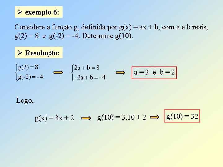 Ø exemplo 6: Considere a função g, definida por g(x) = ax + b,