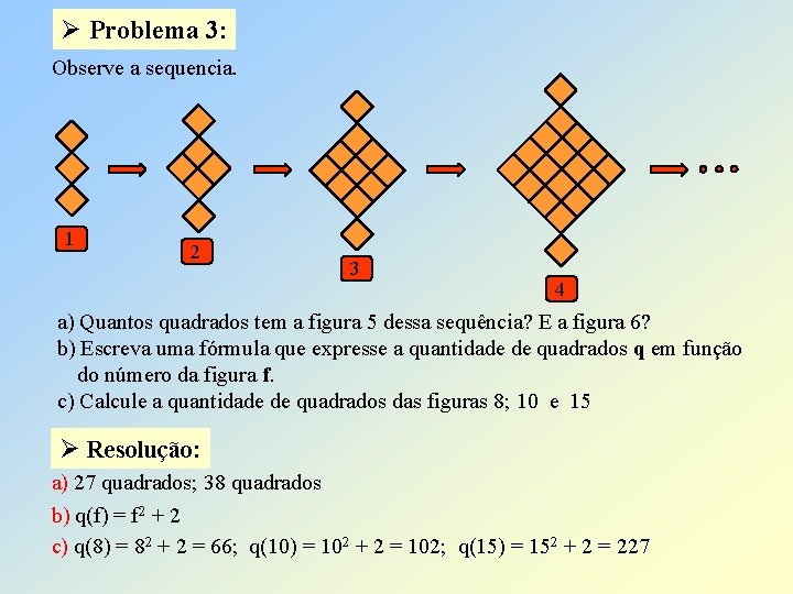 Ø Problema 3: Observe a sequencia. 1 2 3 4 a) Quantos quadrados tem
