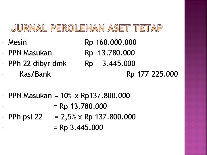  Mesin PPN Masukan PPh 22 dibyr dmk Kas/Bank Rp 160. 000 Rp 13.