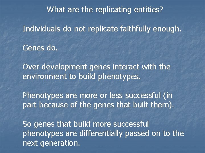 What are the replicating entities? Individuals do not replicate faithfully enough. Genes do. Over