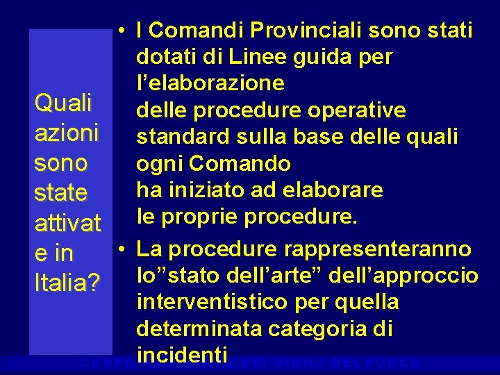  • I Comandi Provinciali sono stati dotati di Linee guida per l’elaborazione Quali