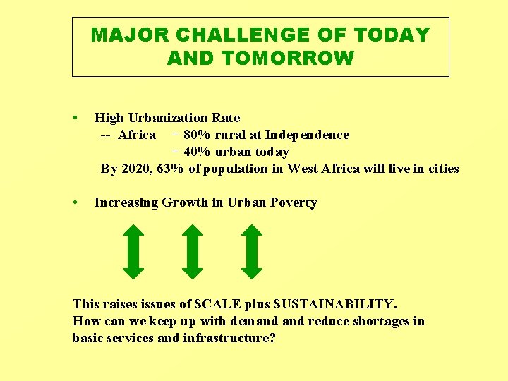 MAJOR CHALLENGE OF TODAY AND TOMORROW • High Urbanization Rate -- Africa = 80% MAJOR CHALLENGE OF TODAY AND TOMORROW • High Urbanization Rate -- Africa = 80%