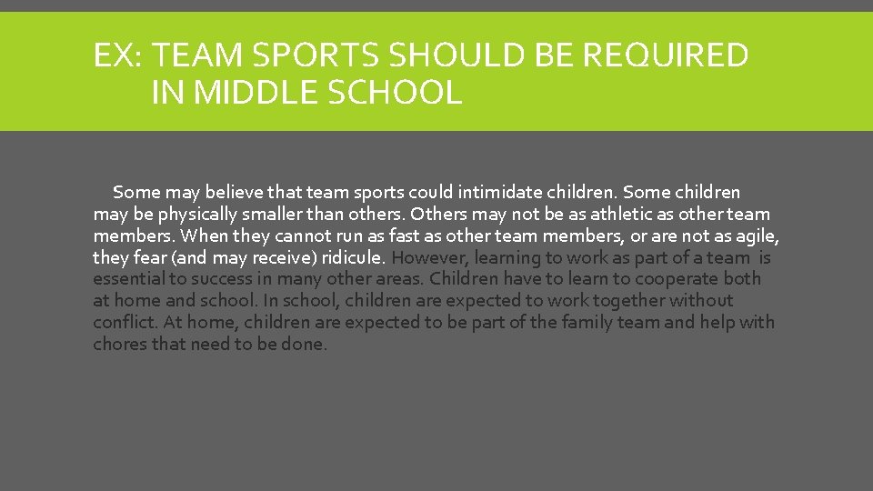 EX: TEAM SPORTS SHOULD BE REQUIRED IN MIDDLE SCHOOL Some may believe that team