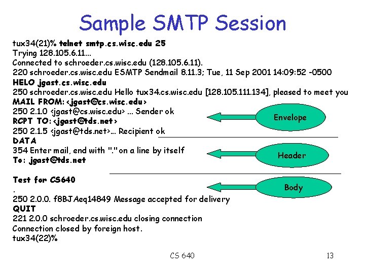 Sample SMTP Session tux 34(21)% telnet smtp. cs. wisc. edu 25 Trying 128. 105.