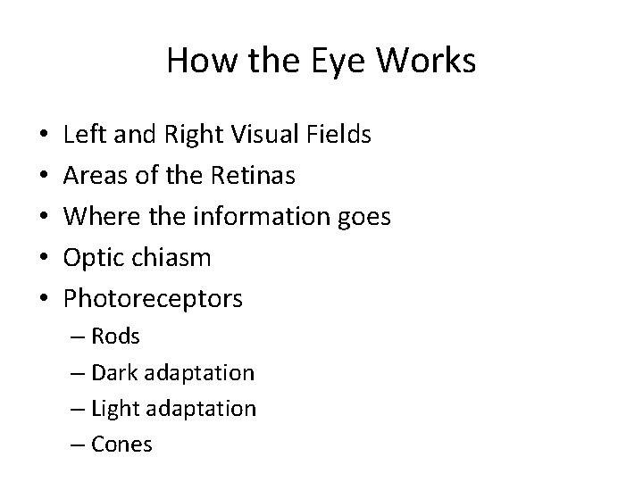 How the Eye Works • • • Left and Right Visual Fields Areas of