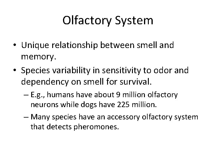 Olfactory System • Unique relationship between smell and memory. • Species variability in sensitivity