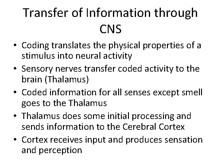 Transfer of Information through CNS • Coding translates the physical properties of a stimulus